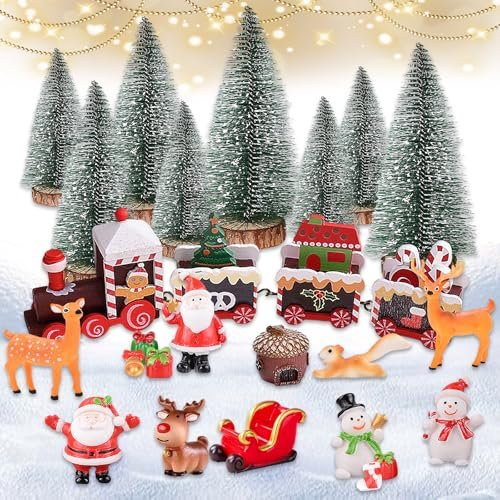 WhaleO 26 Pezzi Miniature Natalizie Personaggi Villaggio di Natale Paesaggi Natalizi Decorazioni Natalizie Fai da Te Alberelli di Natale Piccoli Babbo Natale Pupazzo di Neve per Feste di Natale