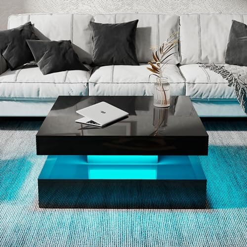 KEEPREAPER Modern Black LED Coffee Table with 16 Lights & 2-Tier Storage - Square Living Room Table, Ambient Lighting Contemporary Furniture