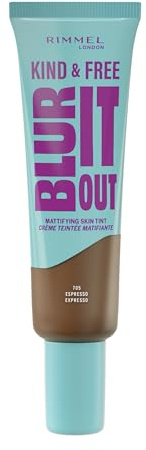 Rimmel Kind & Free, Blur It Out Mattifying Skin Tint, 705 Espresso, Lightweight Matte Finish, Minimises Pores, Infused with Cica Complex and Vitamin E, SPF 20, All-Day Shine Control, 30ml