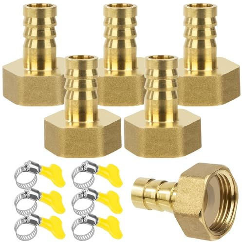 Filettatura Tubo Connettore, 6 Pezzi 14 mm Barb x 3/4 Femmina Connettori per Tubi in Ottone, Raccordo Portagomma Adattatore con Fascetta per Acqua, Gas, Aria