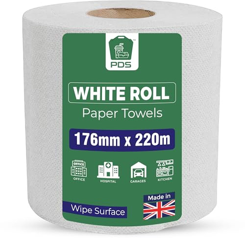 PDS Centrefeed White Rolls 2 Pack - 2 Ply Tissue Roll for Wiping Surfaces & Drying Hands - 400 Sheets Strong & Ultra Absorbent White