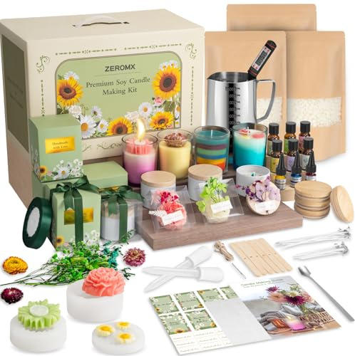 ZEROMX Kerzenherstellungs-Set für Erwachsene und Anfänger, komplettes DIY-Set mit 1200 g Sojawachs, Gläsern, Farbstoffen, Blumenformen, Geschenkverpackung, Weihnachtsgeschenkidee für Urlaub, perfekte