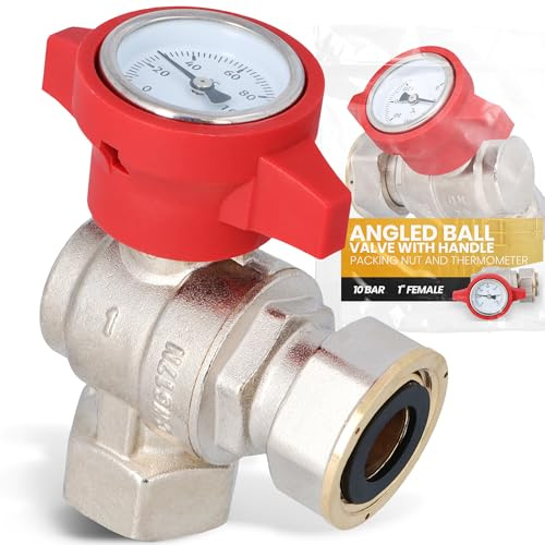 Instalguru Kugelhahn 1'' IG Rot Absperrventil mit Thermometer Winkelkugelhahn Eckventil Thermometergriff 10 bar Verschraubung Winkel Ventil Messing Trinkwasser