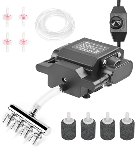 AQQA Aquarium Air Pump Silent,4 Outlets Powerful Fish Tank Oxygen Pump,Adjustable Air Pond Aerator,Air Bubbler Pump with Completely Accessories,for Hydroponic/Pond Oxygenation
