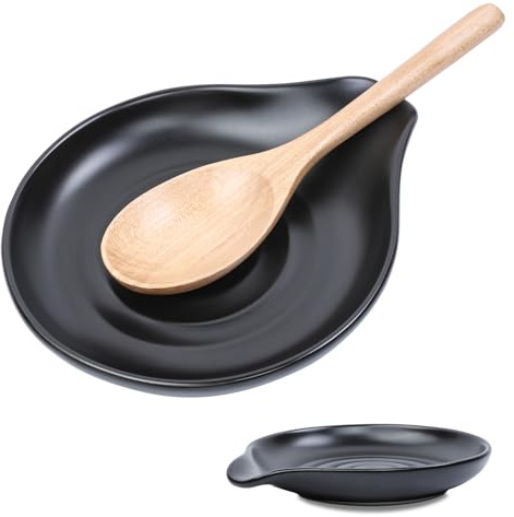 DoocliB Reposa Cucharas Cocina Negro, Para Cucharones Y Espátulas | Reposacucharas de Cerámica con Diseño en Espiral Para Estufa, Encimera de Cocina Y Mesa; Soporte Resistente Al Calor
