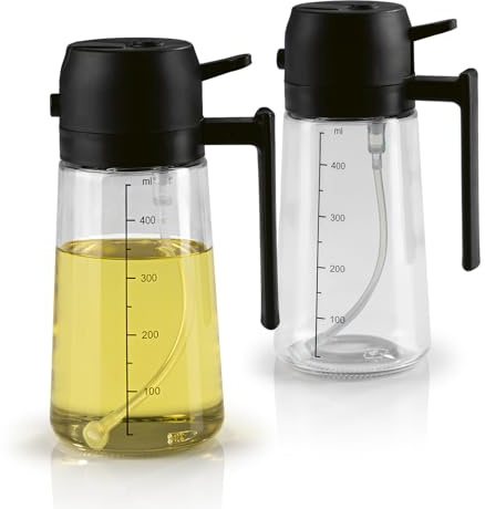 GOURMETmaxx 2-in-1 Ölsprüher & Ölspender aus Glas - 2er-Set | feiner Nebel (0,15 g/Stoß) oder Ölstrahl | 470 ml Ölgießer, spülmaschinenfest, nachfüllbar | ideal für Heißluftfritteuse, Grill & Pfanne