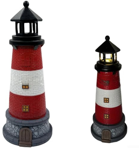 Zeroupshop Faro ornamentale da giardino a energia solare, in resina, con stile costiero mediterraneo, illuminazione automatica al tramonto, per cortile, patio, prato, decorazione in blu e rosso (B)