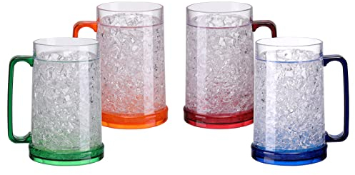 Easicozi Double Wall Gel Frosty Freezer Ice Mugs Clear 16oz Set of 4 (Blue, Red, Orange and Green)
