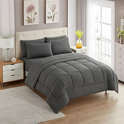 Sweet Home Collection 5-teiliges Bettdecken-Set, einfarbig, für alle Jahreszeiten, weiche Daunen-Alternative Decke und luxuriöse Mikrofaser-Bettlaken, Grau, Doppelbett