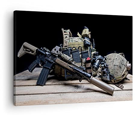 Bilder auf Leinwand Militaria Gewehr Leinwandbild mit Rahmen 70x50cm Wandbilder Dekoration Wohnzimmer Schlafzimmer Küche Deko Klein Wanddeko Bild Wand Kunstdruck Art Wall Decor Canvas AA70x50-3889