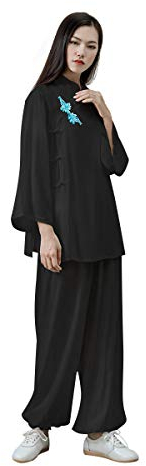 KSUA Damen Kung Fu Uniform Tai Chi Anzug Baumwolle Kampfsportanzug Zen Meditation (Schwarz, EU L)