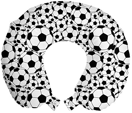 ABAKUHAUS Fußball Reisekissen Nackenstütze, Monochrome Balls Jungen, Schaumstoff Reiseartikel für Flugzeug und Auto, 30x30 cm, Weiß Schwarz