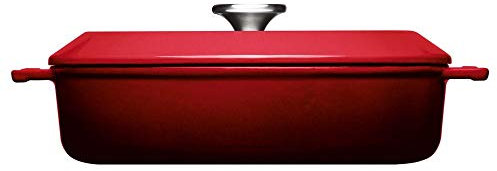 Woll Iron Gusskasserolle mit Deckel, viereckig, 28 cm, 7 cm hoch, 3,7 Liter + Silikongriffen Chili Red