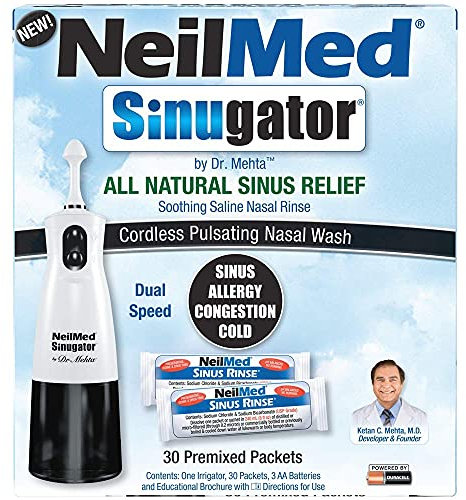 NeilMed Sinugator schnurlose, pulsierende Nasendusche (Dual-Speed) mit 30 vorgemischten Paketen und 3 AA-Batterien, Schwarz