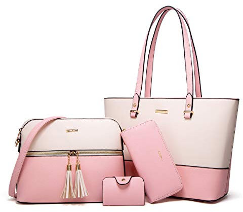 YTL Lot de 4 sacs à main en cuir synthétique pour femme, rose/blanc
