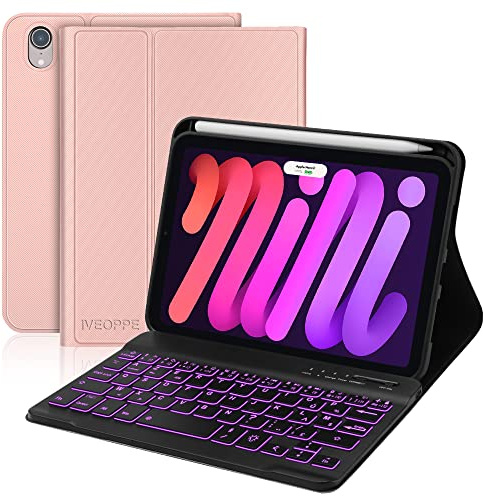 IVEOPPE Étui Clavier pour ipad Mini 6 8,3 Pouces 2021 Coque Mince, Détachable Rétro-éclairage 7 Couleurs sans Fil Bluetooth Français AZERTY Clavier, Housse avec Porte-Stylet ipad Mini 6ème, Or Rose