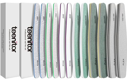 Teenitor Nail Buffer Blocks, 12pcs Nail Files for Acrylic and Gel Nails, Emery Boards for Nails 100/180 Grit Nail File Set for Natural Nails