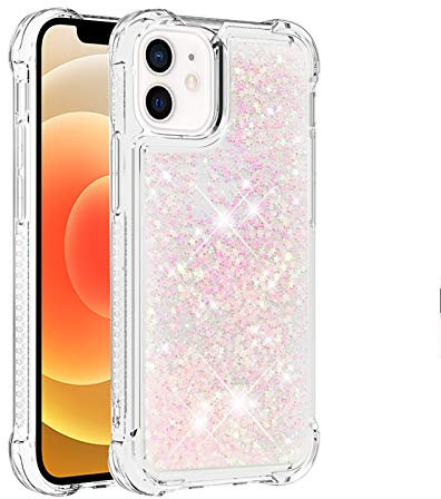 KBIKO-zxl Liquid Case for iPhone 12, Glitter Floating Quicksand Cover Transparent Silicone TPU Protective Bumper Compatible with iPhone 12.Silver Pink YBL