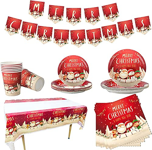 KAHEIGN 118 Piezas Vajilla de Fiesta de Navidad, 1 x Mantel, 1 x Pancarta, 20 x Servilletas, 16 x Tazas, 16 x Platos de 7 Pulgadas y 8,6 Pulgadas, 16 x Reutilizables Cuchillos, Tenedores y Cucharas