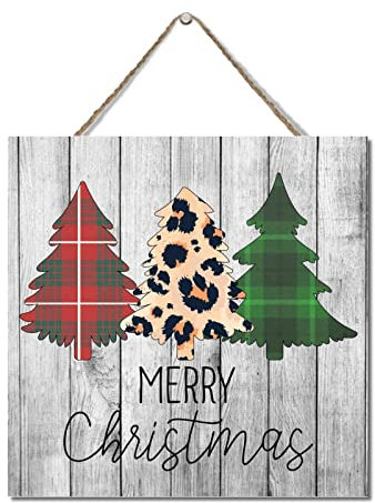 Holzschilder Frohe Weihnachten Familie Schild Wandbehang Schild Frohe Weihnachten Leopard Weihnachtsbäume Büffel Plaid Kariert Bauernhaus Schild Hängeschild Holz Wanddekoration 30,5 x 30,5 cm