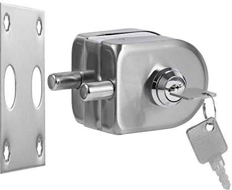 Serratura per porta in vetro senza fori, finitura satinata, con chiave e pomello, alta sicurezza, 304 acciaio inox, per vetro temperato 10-12 mm, installazione facile, design moderno antiscasso.