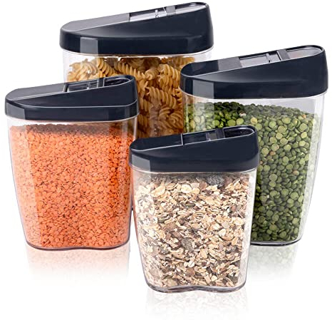 4 Pcs Cereal Storage Containers, Plastic Airtight Food Storage Container with Removable Lid Kitchen Organiser Box BPA Free for Kitchen Storage & Organisation, 4 Different Sizes,Black