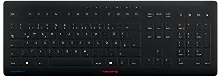CHERRY STREAM PROTECT KEYBOARD, Kabelgebundene Tastatur mit Abnehmbarem Silikon-Tastaturschutz, Deutsches Layout (QWERTZ), Flach, Desinfizierbar, Schwarz