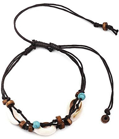 Duendhd Boho Natürliche Muschel Fußkettchen für Frauen Holzperle Muschel Knöchel Armband Auf Bein Fußkette Wachs Seil Fußkettchen Strand Schmuck, Muschel + Holzperlen + Wachsseil