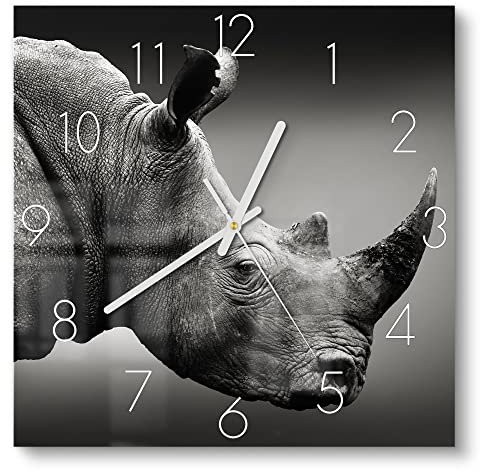DEQORI Glasuhr | 30x30 cm | Motiv Nashorn im Profil | ausgefallene leise Design Uhr aus Glas | Wanduhr für Wohnzimmer & Küche | moderne Hingucker Uhr für die Wand