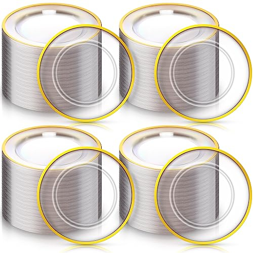 meekoo 100 Pieces Clear Plastic Plates 10.25 Inch Gold Dinner Plates Heavy Duty Clear and Gold Charger Plates for Wedding Parties