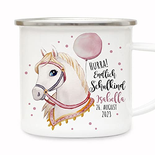 Tasse Emaille Becher zum Schulanfang zur Einschulung Pferd Stute mit Halfter Spruch Hurra endlich Schulkind Name Datum eb692 - ausgewählte Größe: *3. Emaillebecher*