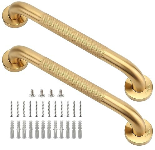 Rackickyer Shower Grab Bar, 2 Pack 16 Inch Gold Bathroom Grab Bar, 1.25 Diameter 304 Stainless Steel Anti-Slip Grab Bars for Bathtubs and Showers, Handicap Shower Grab Bar for Seniors Elderly
