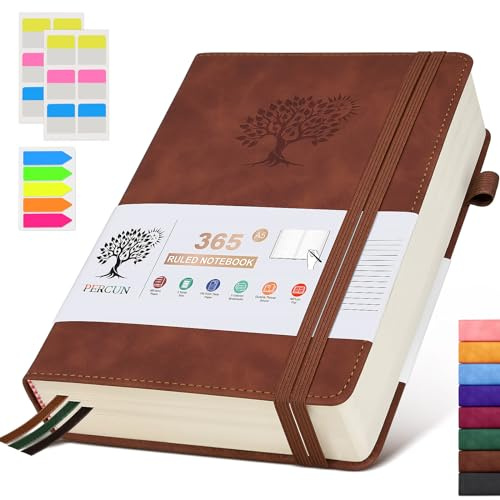 A5 liniertes Tagebuch, 365 Seiten, Leder-Tagebücher zum Schreiben für Damen und Herren, Hardcover-Notizbuch mit 100 g/m² dicken Seiten, Tageskalender für Reisen, Arbeit, Schule, Notizen, College