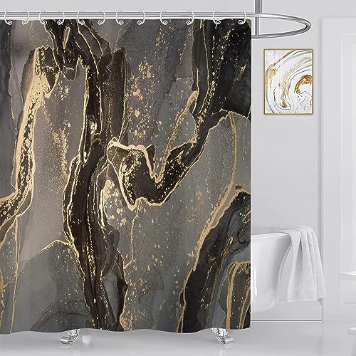 ASDCXZ Marmor Duschvorhang 120x200 cm, Modern Abstrakt Grau Schwarz Gold Marmor Optik Textur Bad Waschbar Duschvorhänge Polyester Textil Wasserdicht Badevorhang für Badewanne mit 8 Haken