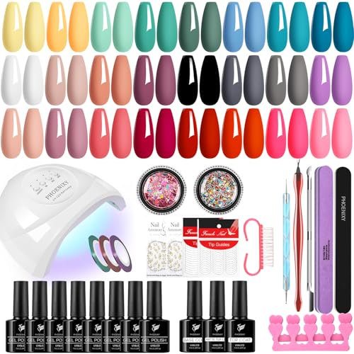 PHOENIXY 27Pz Smalti Semipermanenti per Unghie, con 48W UV/LED Lampada, 24 Colori Blu Verde Serie Glitter Smalto Semipermanente Unghie Kit con Base Top coat