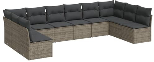 vidaXL Garten Sofagarnitur mit Kissen 10-TLG., Gartenmöbel Gartengarnitur, Sitzgruppe Sitzgarnitur, Lounge Sofa Garnitur Terrasse, Grau Poly Rattan