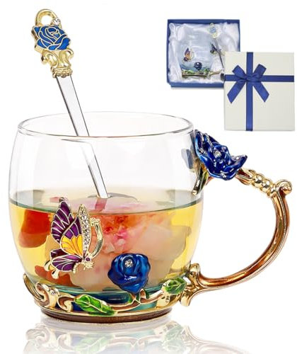 AISVELDY Flower Tea Cup,Butterfly Rose Clear Glass Fancy Coffee Mug with Spoon,Gift Box for Her Mom Wife Grandma Girls Women Christmas Birthday Present Idea for Juice,Hot and Cold Drinks Use