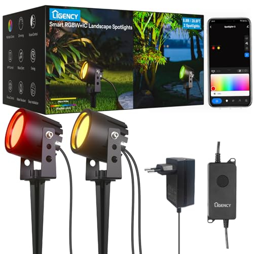 Ligency Smart LED Gartenstrahler 2er Set – 12V Niedervolt RGBW Farbwechsel Außenleuchten, IP65 Wasserdicht mit App, Sprach- & Fernbedienung, Timer, Musiksynchronisation (Modern)