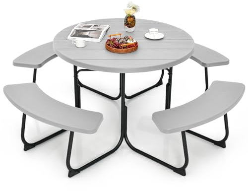COSTWAY Sitzgarnitur für 8 Personen, Picknicktisch mit Schirmloch & 4 Bänken, runder Gartentisch mit HDPE-Tischplatte und Metallgestell, Gartengarnitur, Gartenmöbel, Sitzgruppe für Garten, Terrasse