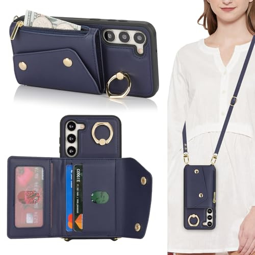 Lipvina Coque pour Samsung Galaxy S23 Plus avec Cordon Porte Carte Coque zippé Portefeuille Femme Telephone Portable Réglable Collier Housse Étui avec Anneau pour Femmes - Bleu