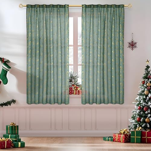 MRTREES vorhänge Weihnachten gardinen mit kräuselband gardine grün gardinen Wohnzimmer mit Gold Elche Muster musselin Vorhang 145x140 cm (H×B) 2er Set
