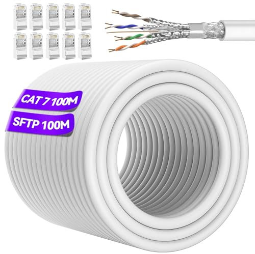 Soibke Cable Ethernet 100 Metros, Cat 7 Cable RJ45 100m Gigabit 24AWG Cable Lan Blanco Cable a Granel Network Cable de Red Blindado S/FTP Alta Velocidad para Enrutador Módem - 10Mbps 600MHz