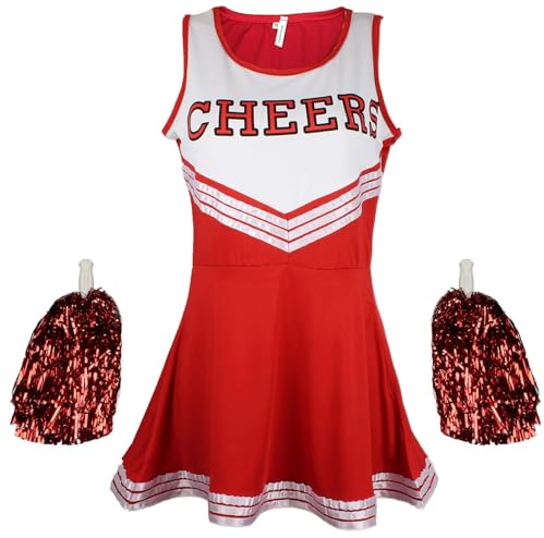 Cherry-on-Top Cheerleader Costume for Women – Red High School Fancy Dress Outfit with Pom Poms, Ladies XXL Cheerleader Outfit