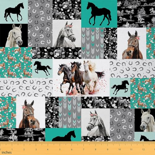 Homemissing Rustikal Pferd Patchwork Stoffe Kinder Pferd Floral Stoff Meterware Western Cowboy Stoff 92x150cm für Stühle Geometrisch Plaids Patchwork Grün Polsterstoff