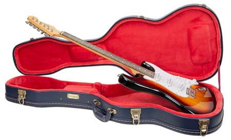 Crossrock Custodia rigida in legno per chitarra elettrica Stratocaster/Telecaster | Finitura scolpita Ocean Blue, interno in velluto rosso scuro, serratura – Serie Relief Premium