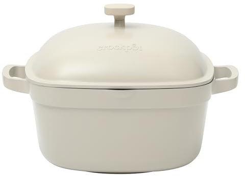 Crock-Pot Northvale Cast Aluminum Lightweight Durable 5.2 Quart Heavy Duty Dutch Oven Pot With Lid, Oven Safe, Dual Handles - Matte Linen White