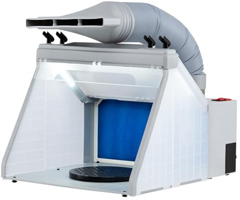 TANGZON Airbrush Spray Booth, Hobby Spray Booth Kit with Powerful Fan, 3 LED Lights, 2-Layer Filter, 360° Revolving Turntable & Exhaust Hose, Portable Paint Booth for Models Crafts (With Top Holders)