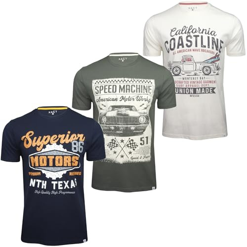 Xact Men's T Shirts 3 Pack 100% Cotton Crew Neck Short Sleeve Regular Fit – Printed Casual T-Shirts for Men UK