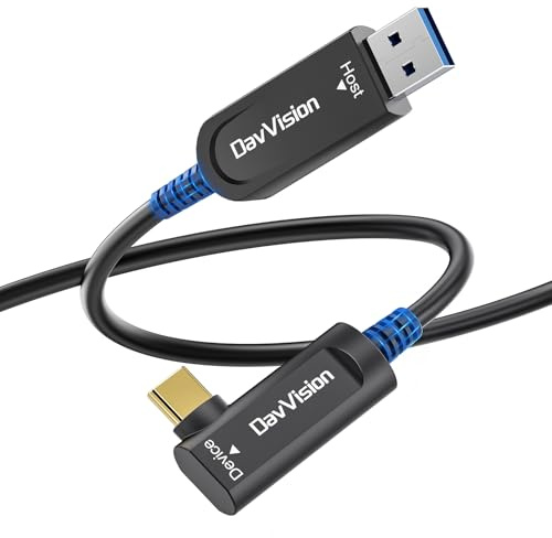 DavVision USB A to USB C Fiber Optic Cable Right Angle 10M, 10Gbps USB 3.2 Gen2 Extension Cable(No Power), Ultra Slim & Long Distance for Business Solution,Logitech 4K Camera,VR/AR,Video Conference