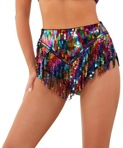 ABEHIK Damen Pailletten Shorts Glitzer Musikfestival Rave Hot Pants Sommer Kurze Partyshorts mit Fransen Karnevalskostüm Bunte XL